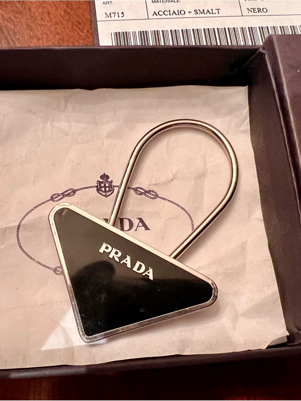 Prada Black Triangle Key & Card Holder with Silver-Tone Hardware